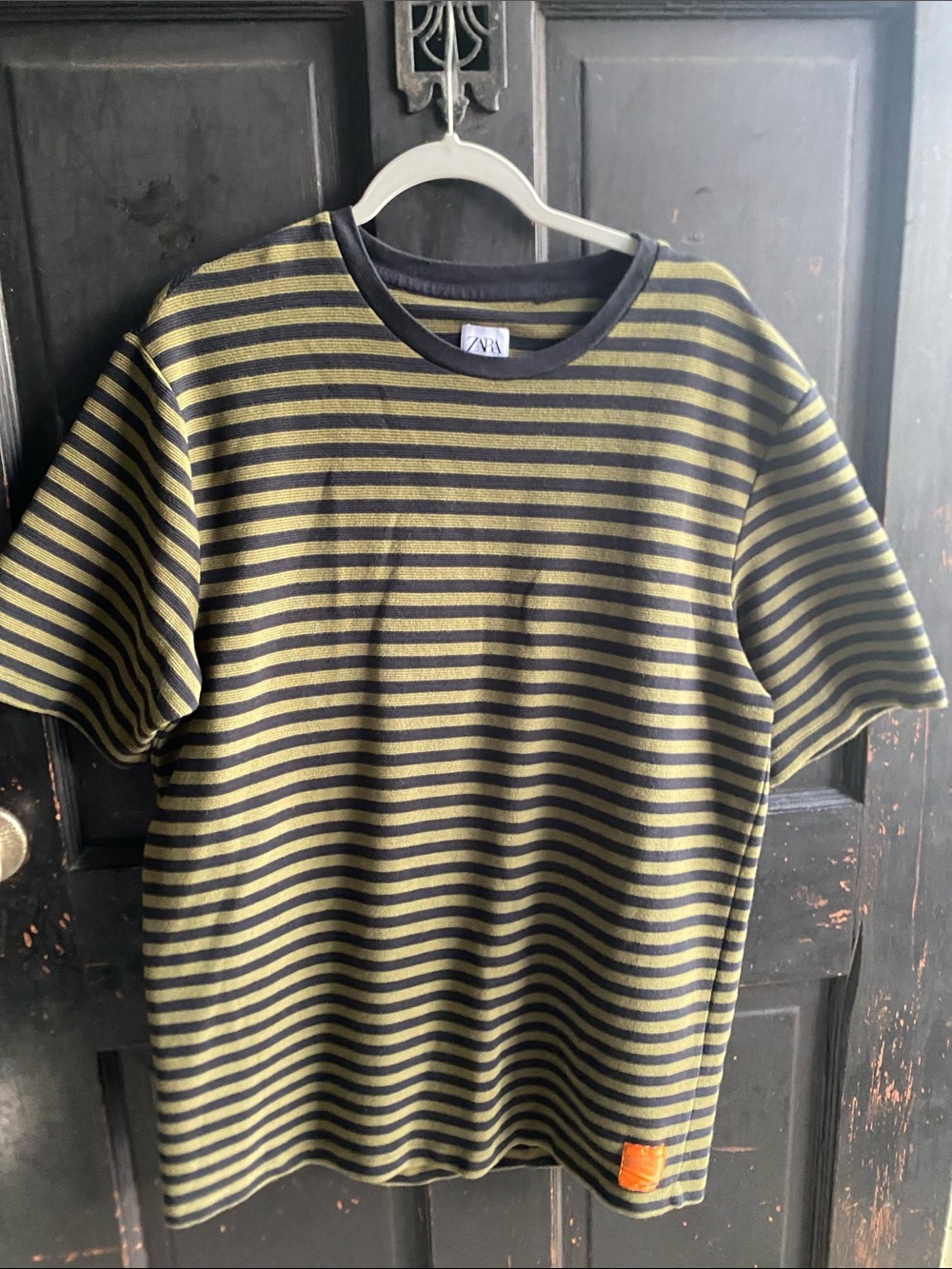 Zara Black & Olive Striped Short Sleeve Crew Tee